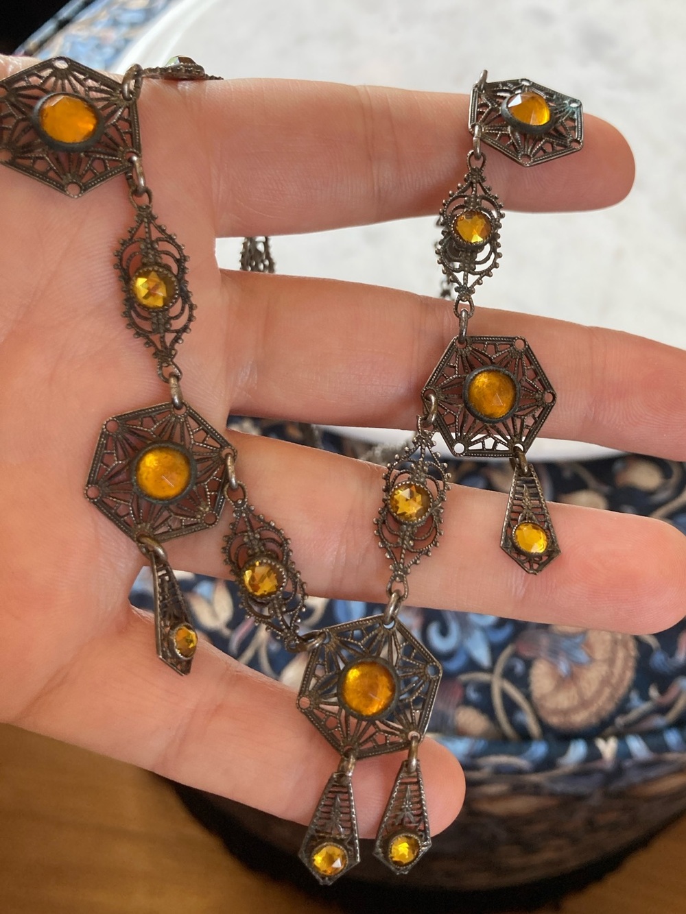 Antique Art Deco Rose-Cut Amber Paste Ornate Filagree Necklace
